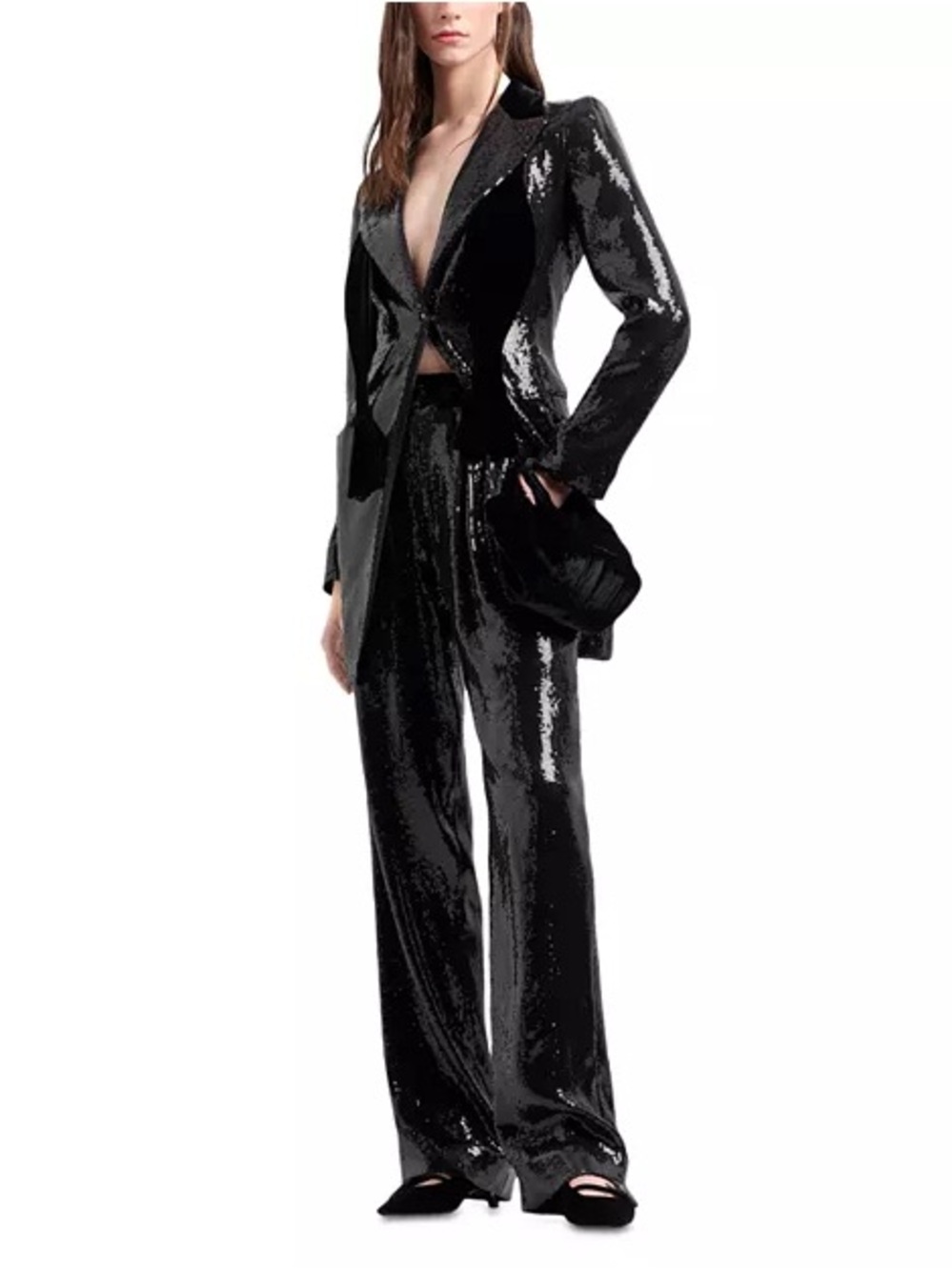 Emporio Armani Black Minin Sequin Single-Button Long Blazer